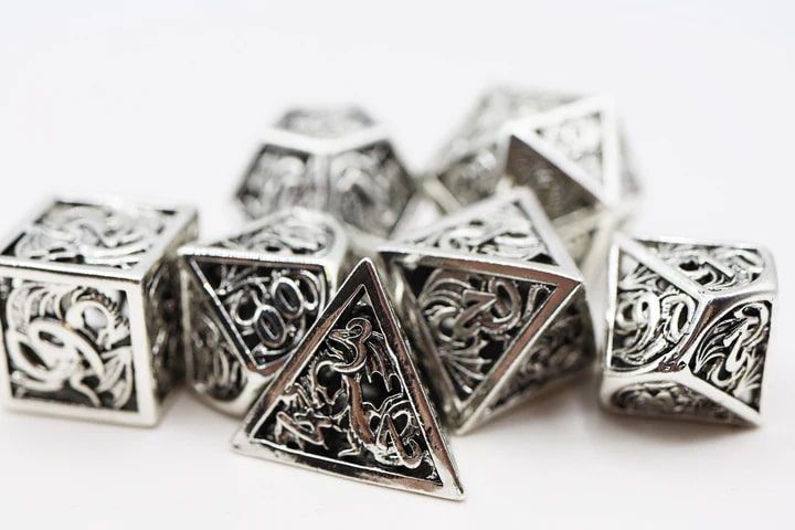 Foam Brain Games 7ct Metal Polyhedral Dice Set Hollow Steel Dragon Dice Foam Brain Games