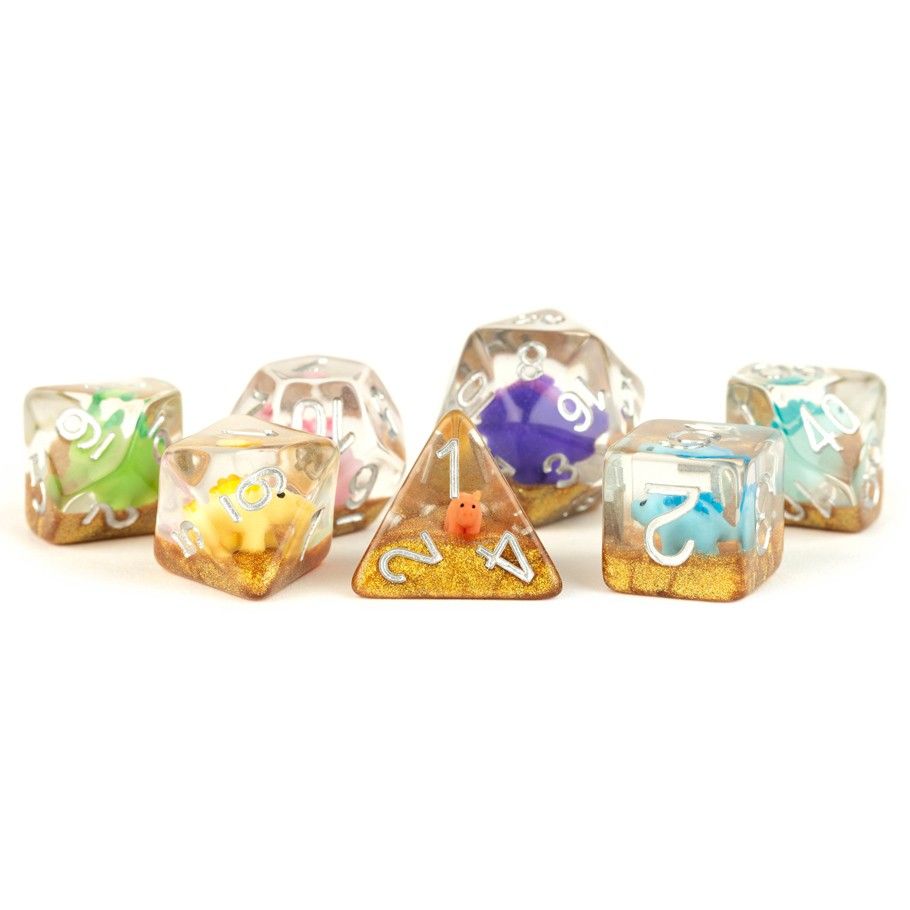 LIC757 7ct Rainbow Dinosaur Dice FanRoll by Metallic Dice Games