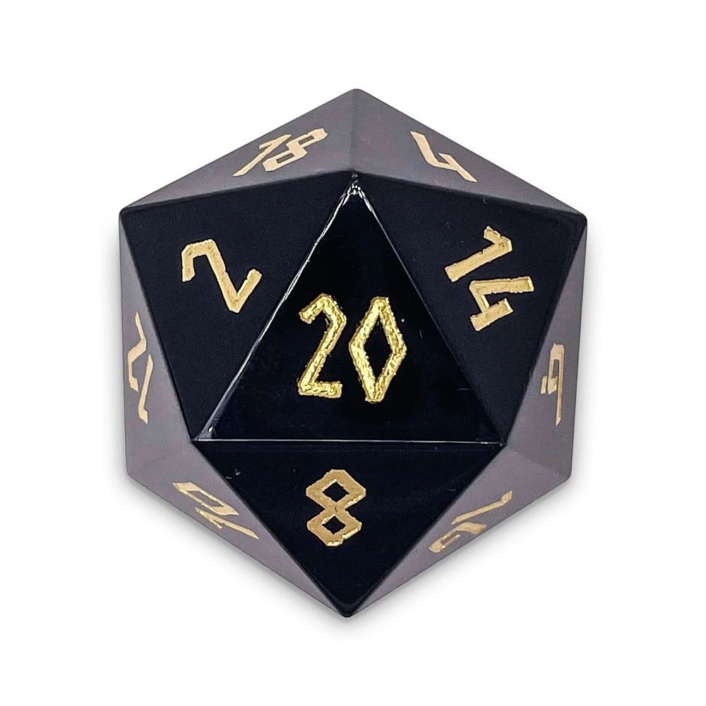 30mm Boulder d20 Obsidian w/ Gold Dice Norse Foundry