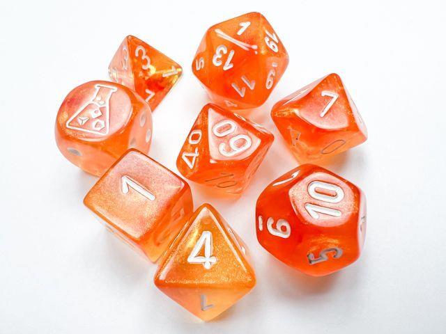 30052 CHX Lab Dice Borealis Blood Orange/White Luminary Polyhedral 7-Dice Set (with bonus die) Dice Chessex