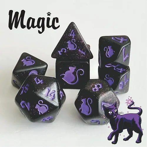 Kitty Clacks 7ct Polyhedral Dice Set Magic Dice Black Oak Workshop
