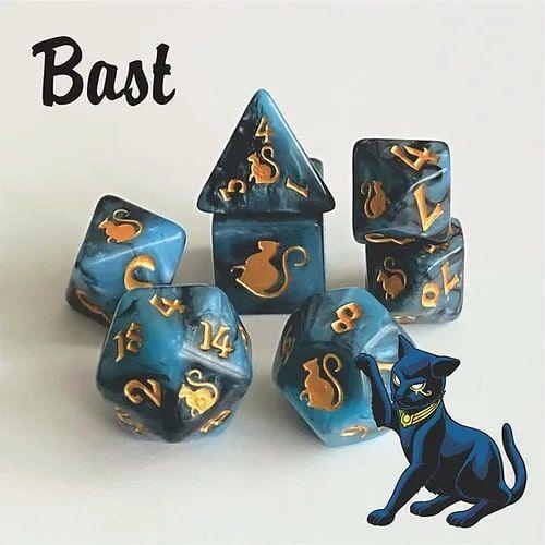 Kitty Clacks 7ct Polyhedral Dice Set Bast Dice Black Oak Workshop