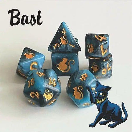 Kitty Clacks 7ct Polyhedral Dice Set Bast Dice Black Oak Workshop