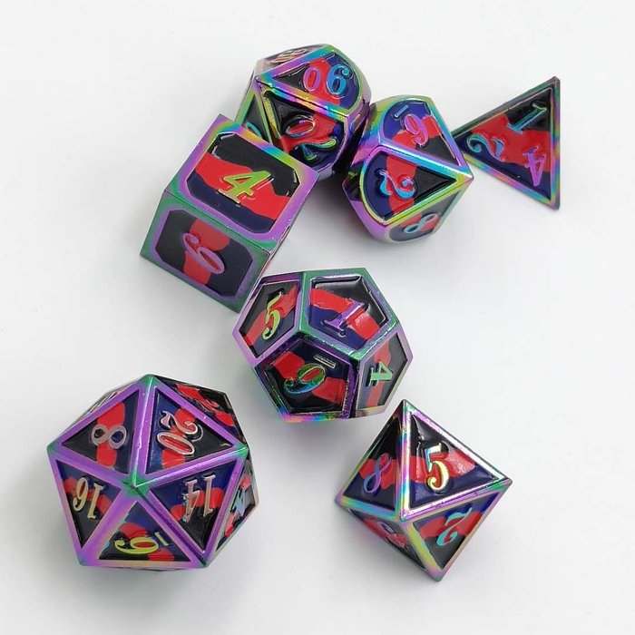 Dice for All 7pc Metal RPG Dice Set - Polyamorous Pride Flag with Rainbow Metal Dice Foam Brain Games