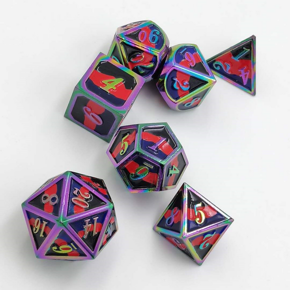 Dice for All 7pc Metal RPG Dice Set - Polyamorous Pride Flag with Rainbow Metal Board Games Foam Brain Games   