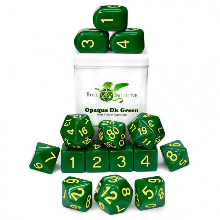 R4I 15ct Polyhedral Dice Set Opaque Dark Green/Yellow Dice Role 4 Initiative