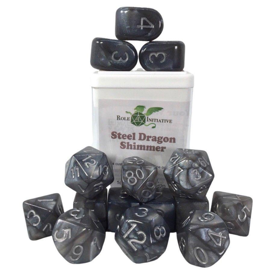 R4I 15ct Polyhedral Dice Set Steel Dragon Shimmer Dice Role 4 Initiative