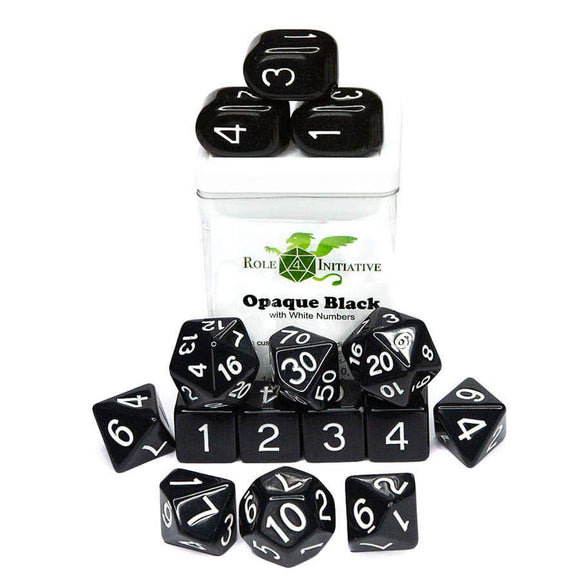 R4I 15ct Polyhedral Dice Set Opaque Black w/ White Dice Role 4 Initiative