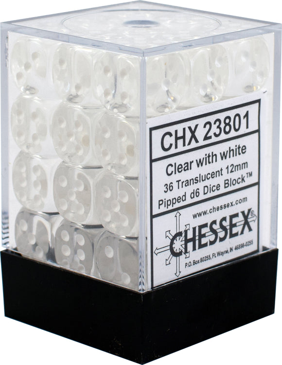Chessex 12mm Translucent Clear/White 36ct D6 Set (23801) Dice Chessex   