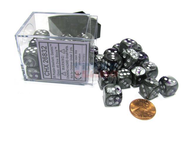 Chessex 12mm Gemini Purple Steel/White 36ct D6 Set (26832) Dice Chessex   