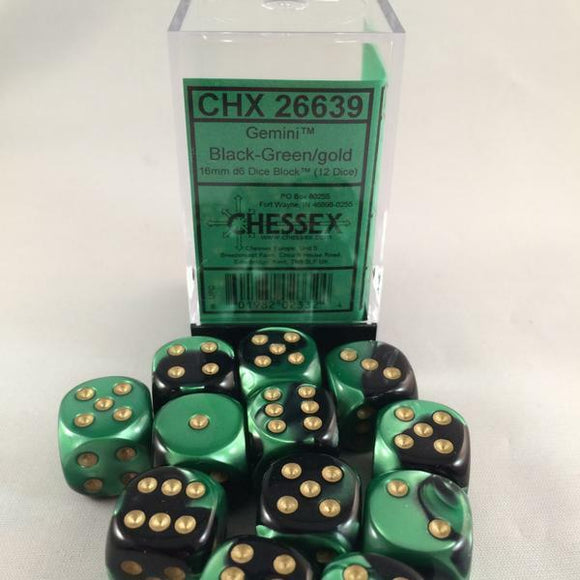 Chessex 16mm Gemini Black Green/Gold 12ct D6 Set (26639) Dice Chessex   