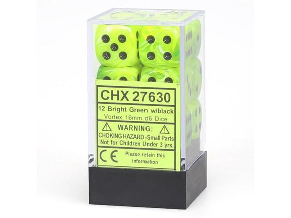 Chessex 16mm Vortex Bright Green/Black 12ct D6 Set (27630) Dice Chessex   