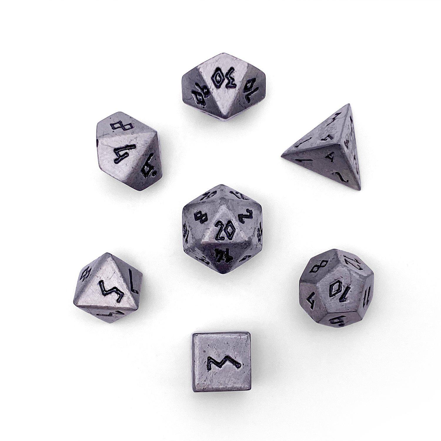 Pebble 10mm Alloy Mini Polyhedral Dice Set - Aged Mithril Dice Norse Foundry