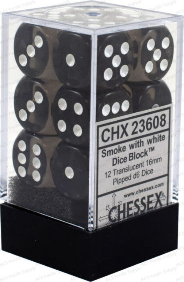Chessex 16mm Translucent Smoke/White 12ct D6 Set (23608) Dice Chessex   