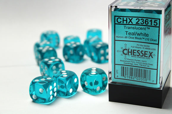 Chessex 16mm Translucent Teal/White 12ct D6 Set (23615) Dice Chessex   