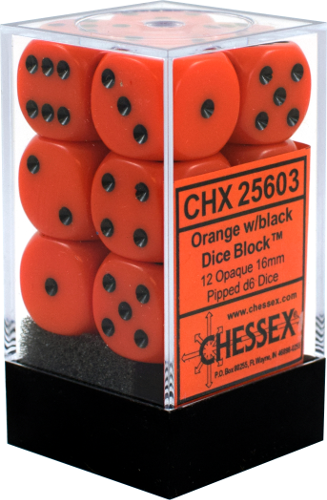 Chessex 16mm Opaque Orange/Black 12ct D6 Set (25603) Dice Chessex   