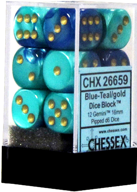Chessex 16mm Gemini Blue-Teal/Gold 12ct D6 Set (26659) Dice Chessex   