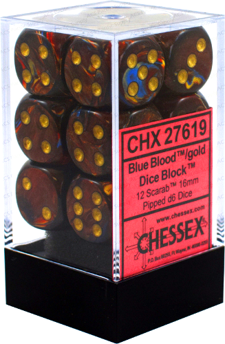 Chessex 16mm Scarab Blue Blood/Gold 12ct D6 Set (27619) Dice Chessex   