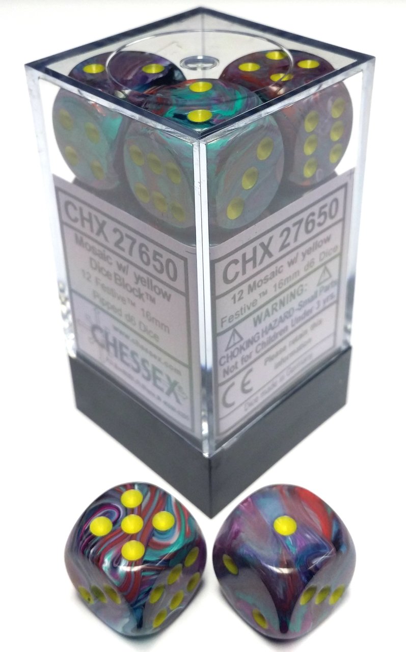 Chessex 16mm Festive Mosaic/Yellow 12ct D6 Set (27650) Dice Chessex   