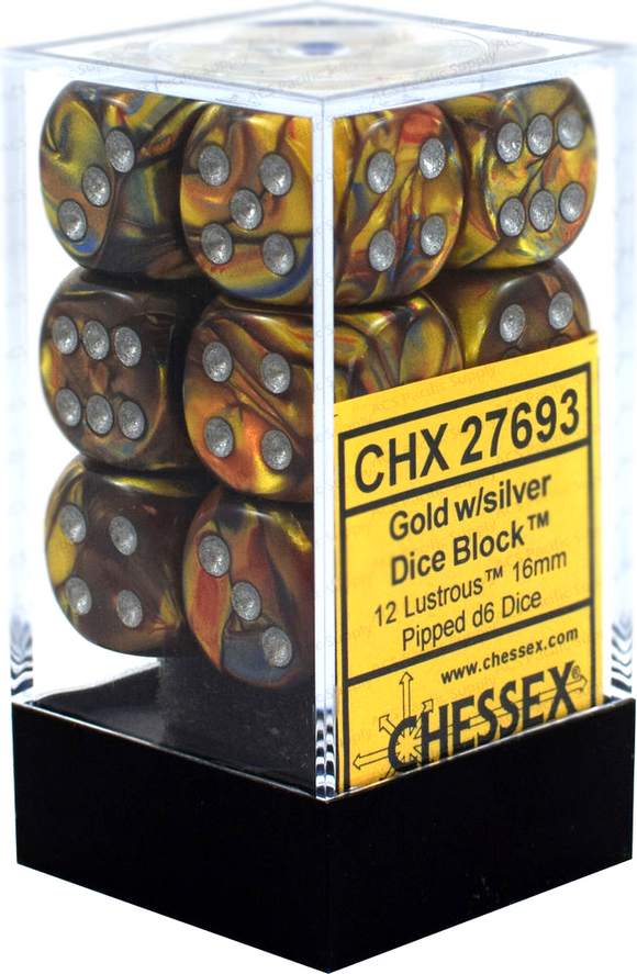 Chessex 16mm Lustrous Gold/Silver 12ct D6 Set (27693) Dice Chessex   