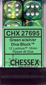 Chessex 16mm Lustrous Green/Silver 12ct D6 Set (27695) Dice Chessex   