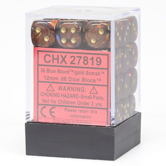 Chessex 12mm Scarab Blue Blood/Gold 36ct D6 Set (27819) Dice Chessex   