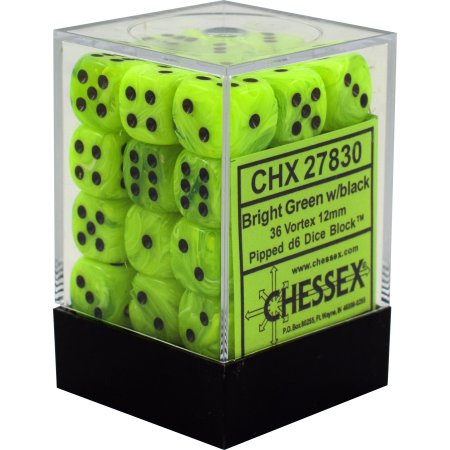 Chessex 12mm Vortex Bright Green/Black 36ct D6 Set (27830) Dice Chessex   