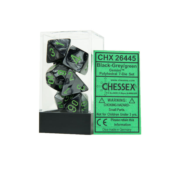 Chessex Gemini Black-Grey/Green 7ct Polyhedral Set (26445) Dice Chessex   