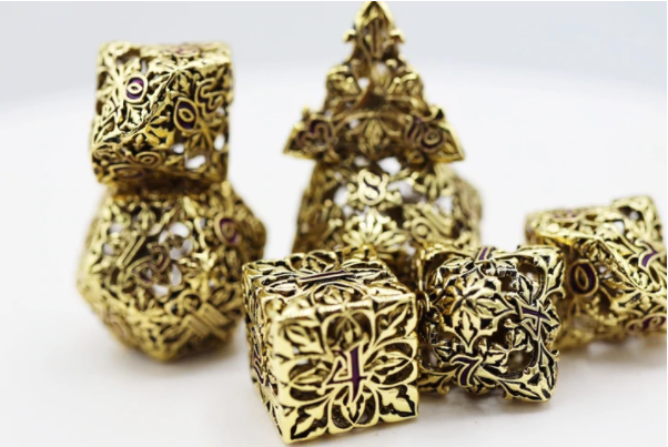 Foam Brain 7ct Hollow Metal Dice Set - Gilded Amethyst Fleur de Lis Dice Foam Brain Games