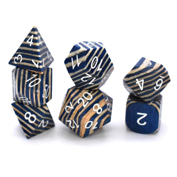 Wooden Yellow and Blue Technical 7ct Polyhedral Dice Set Dice Foam Brain Games