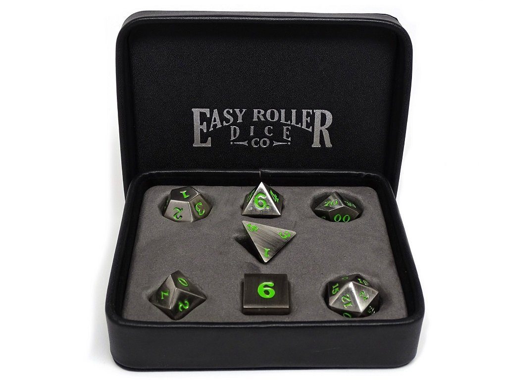 Easy Roller Metal Legendary Silver Green Signature Font 7ct Polyhedral Set Dice Easy Roller Dice