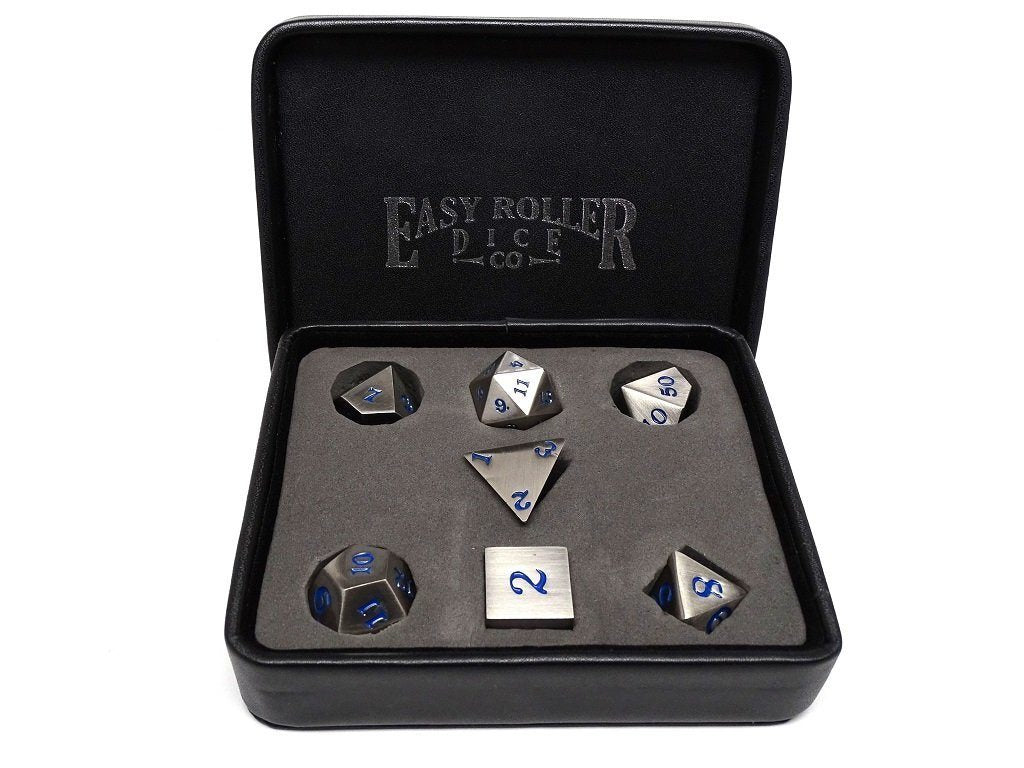 Easy Roller Metal Legendary Silver Electric Blue Signature Font 7ct Polyhedral Set Dice Easy Roller Dice