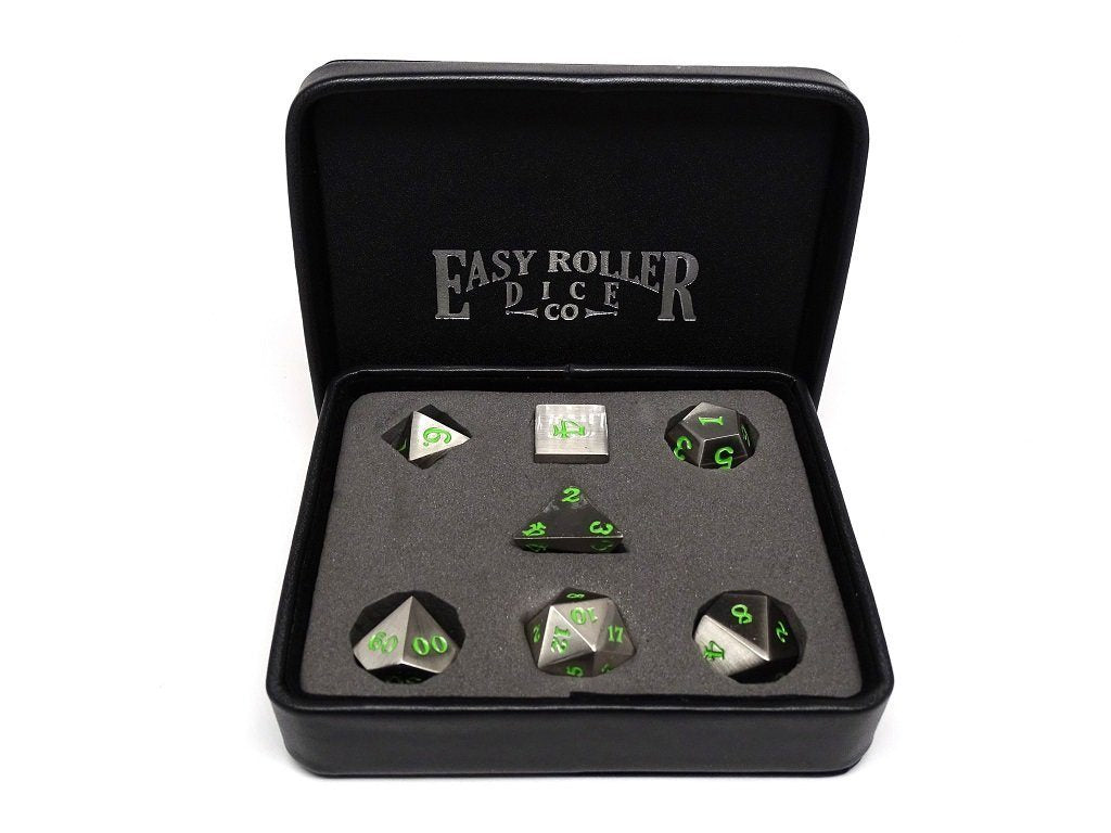 Easy Roller Metal Legendary Silver/Green Signature Font 7ct Polyhedral Set Dice Easy Roller Dice