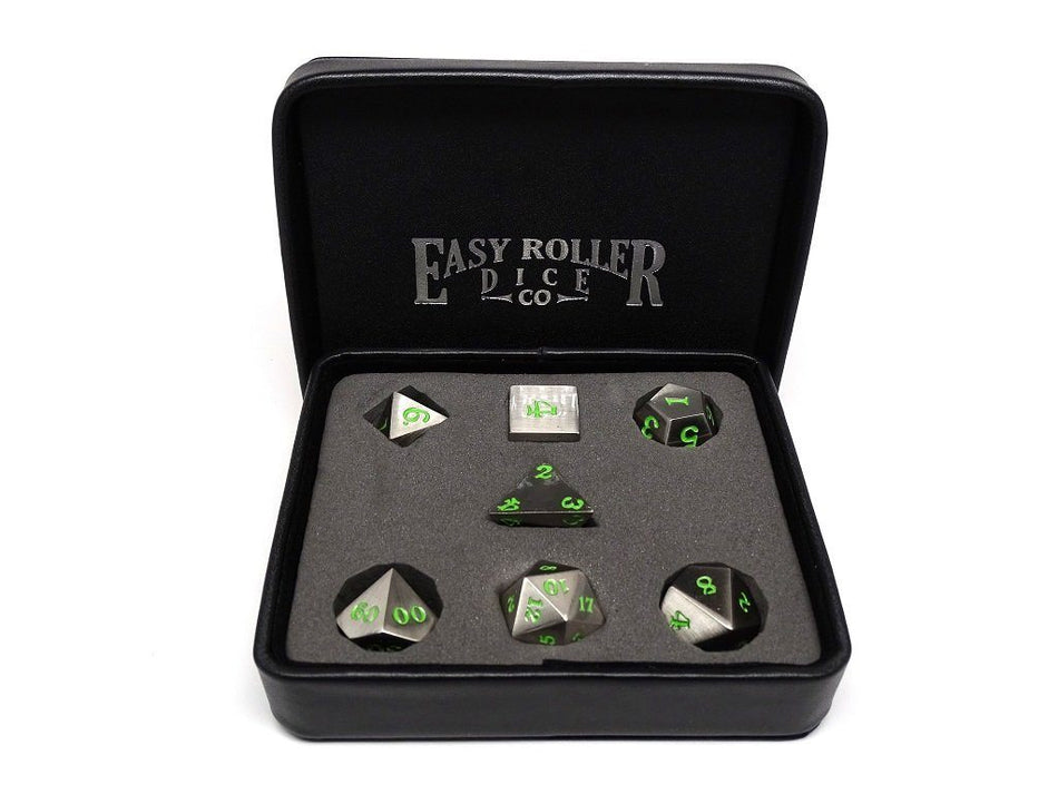 Easy Roller Metal Legendary Silver/Green Signature Font 7ct Polyhedral Set Dice Easy Roller Dice
