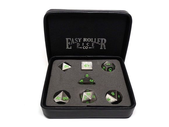 Easy Roller Metal Legendary Silver/Green Signature Font 7ct Polyhedral Set Home page Easy Roller Dice   