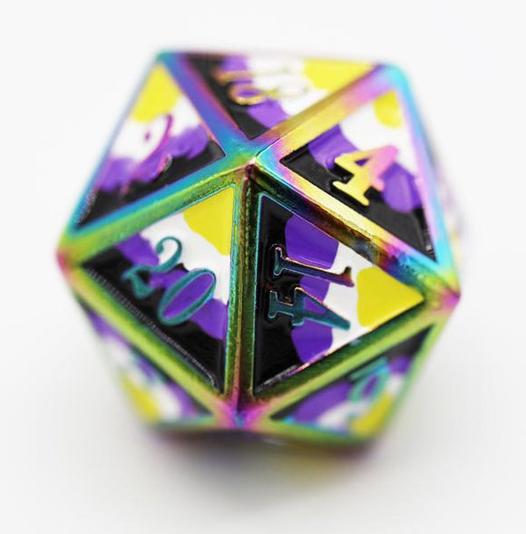 Dice for All Single Metal D20 - Nonbinary Pride Flag with Rainbow Metal Board Games Foam Brain Games   