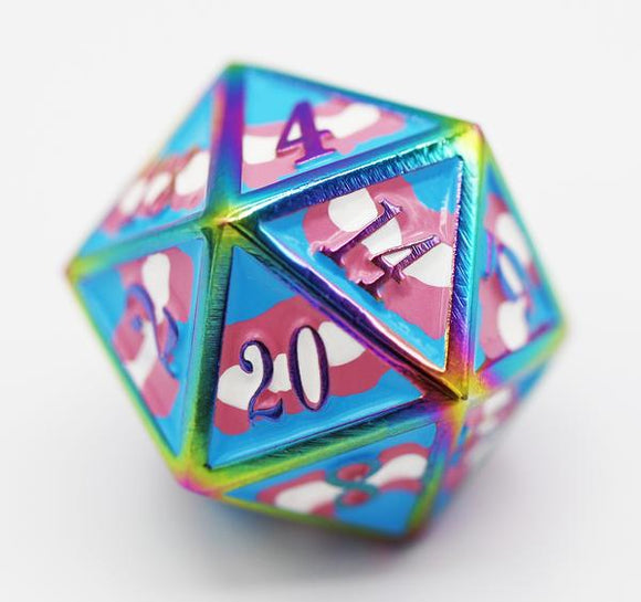 Dice for All Single Metal D20 - Transgender Pride Flag with Rainbow Metal Dice Foam Brain Games