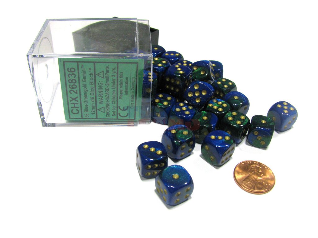 Chessex 12mm Gemini Blue Green/Gold 36ct D6 Set (26836) Dice Chessex   