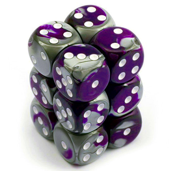 Chessex 16mm Gemini Purple Steel/White 12ct D6 Set (26632