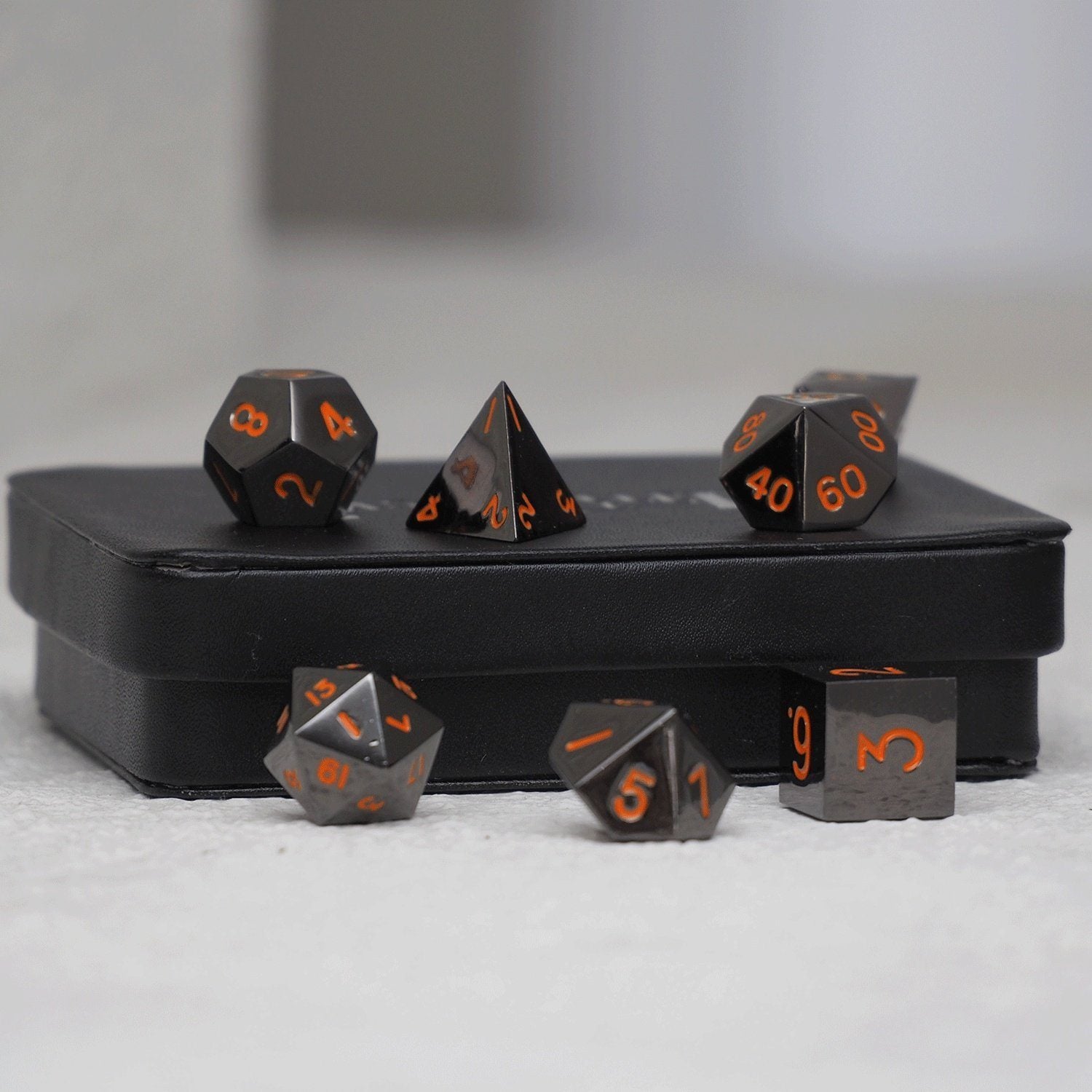 Easy Roller Metal Gunmetal Orange 7ct Polyhedral Set Dice Easy Roller Dice