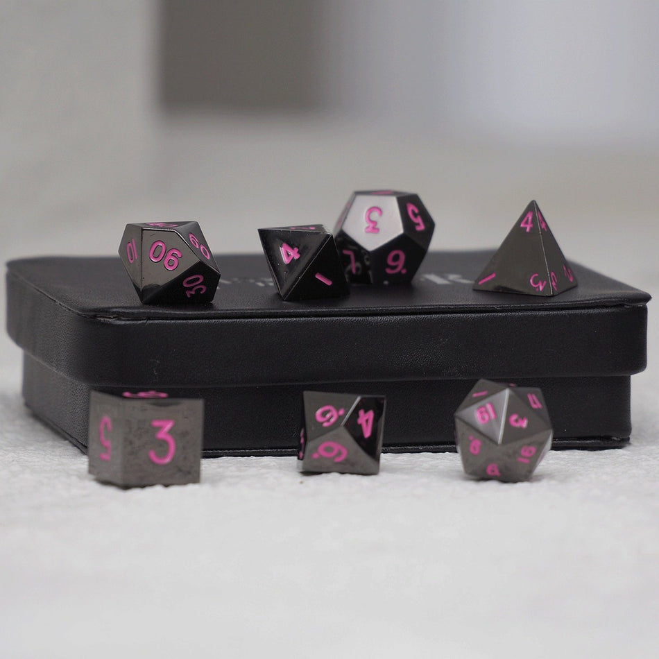 Easy Roller Metal Gunmetal Pink 7ct Polyhedral Set Dice Easy Roller Dice