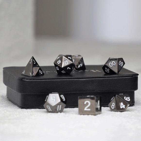 Easy Roller Metal Gunmetal White 7ct Polyhedral Set Home page Easy Roller Dice   