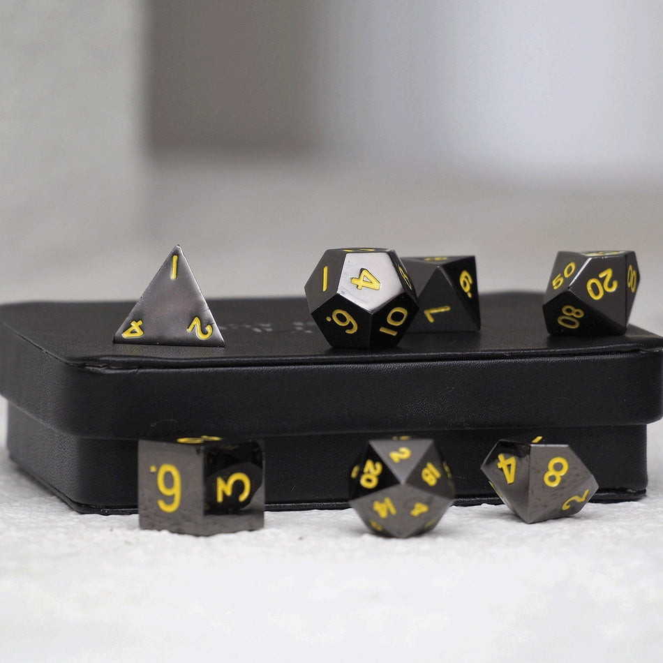 Easy Roller Metal Gunmetal Yellow 7ct Polyhedral Set Dice Easy Roller Dice