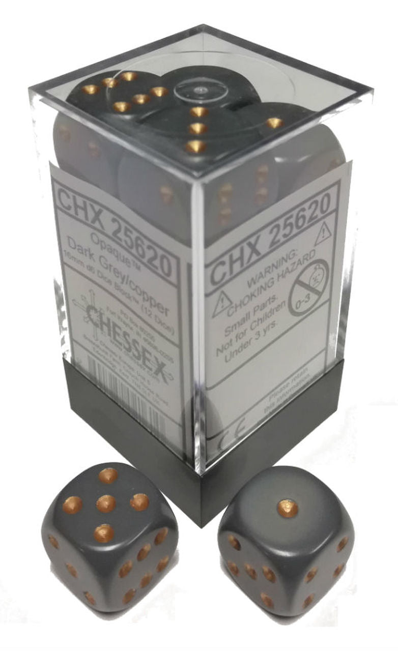 Chessex 16mm Opaque Dark Grey/Copper 12ct D6 Set (25620) Dice Chessex