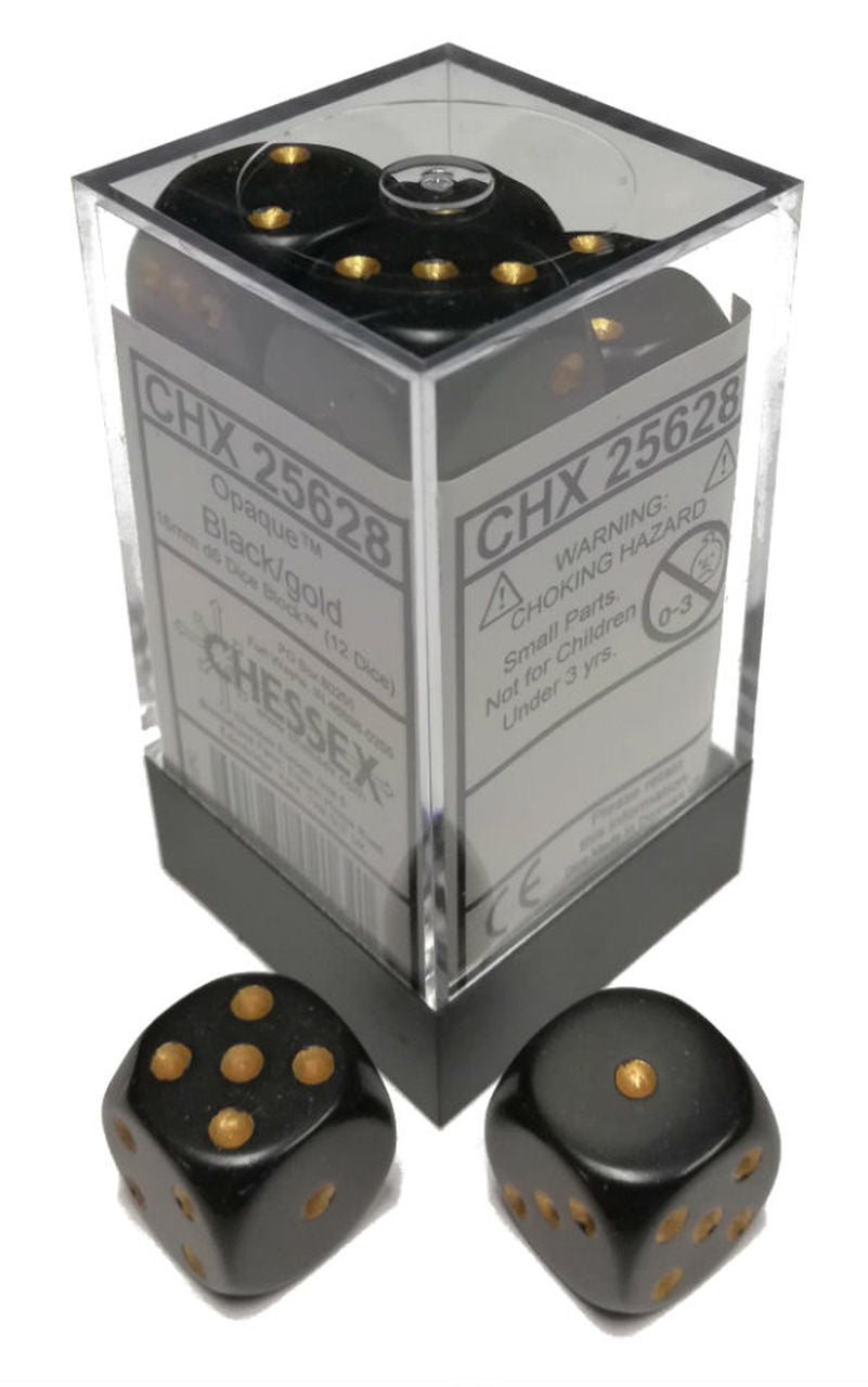 Chessex 16mm Opaque Black/Gold 12ct D6 Set (25628) Dice Chessex   