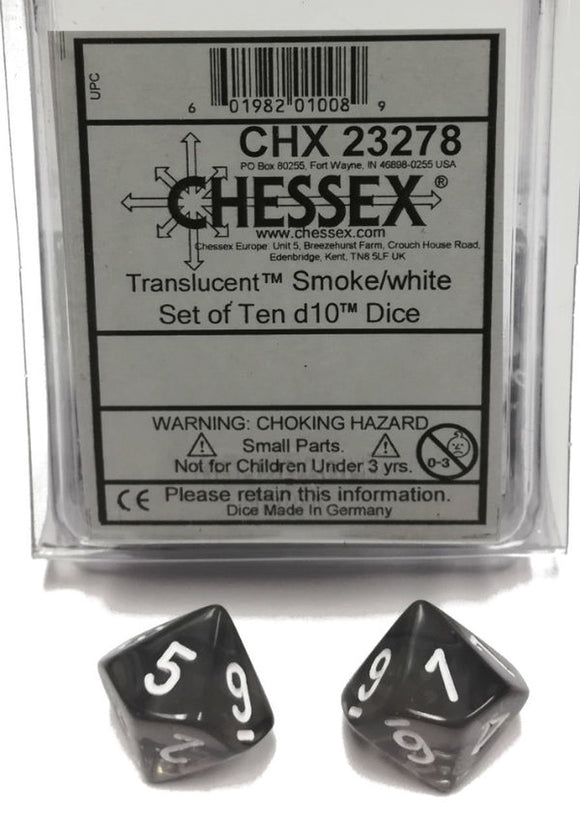 Chessex Translucent Smoke/White 10ct D10 Set (23278) Dice Chessex   