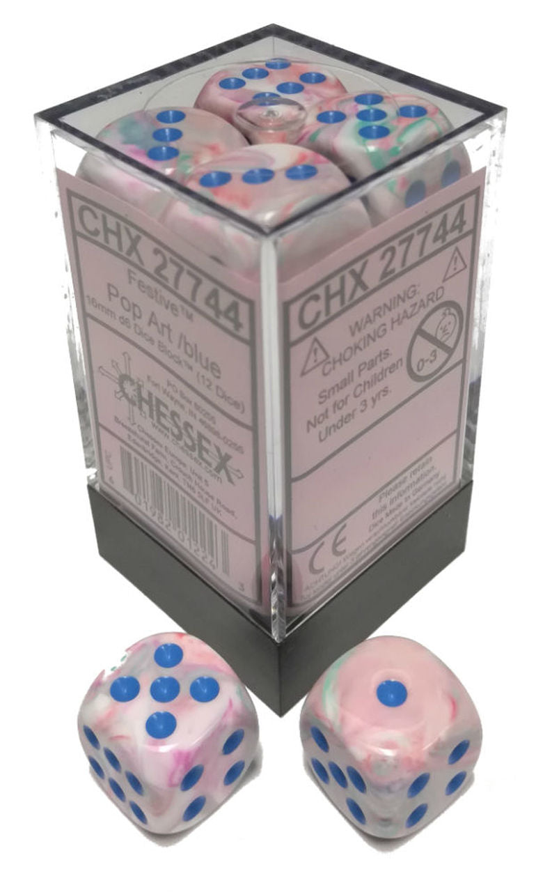 Chessex 16mm Festive Pop Art/Blue 12ct D6 Set (27744) Dice Chessex   