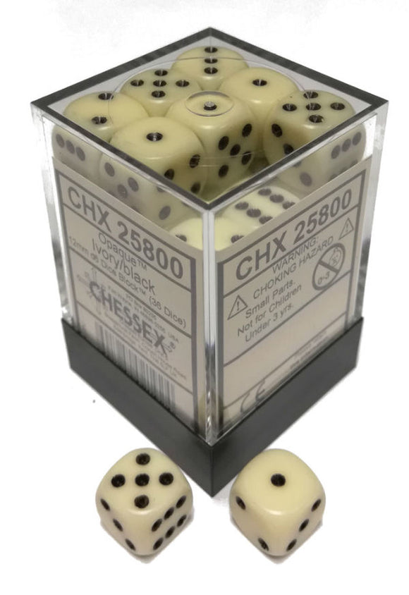 Chessex 12mm Opaque Ivory/Black 36ct D6 Set (25800) Dice Chessex   