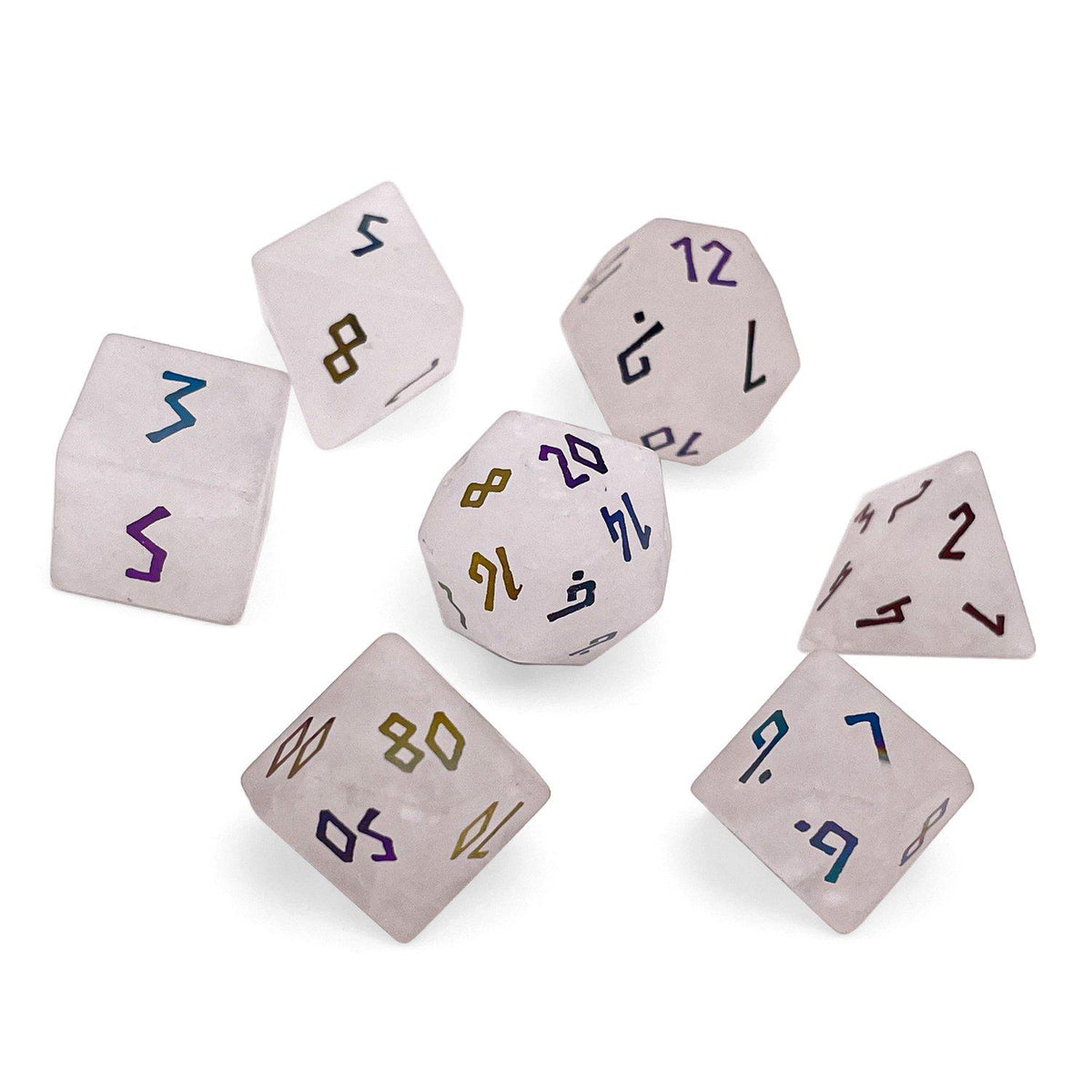 Norse Foundry Gemstone 7ct Polyhedral Dice Set Raised Holographic Rose Quartz Dice Norse Foundry