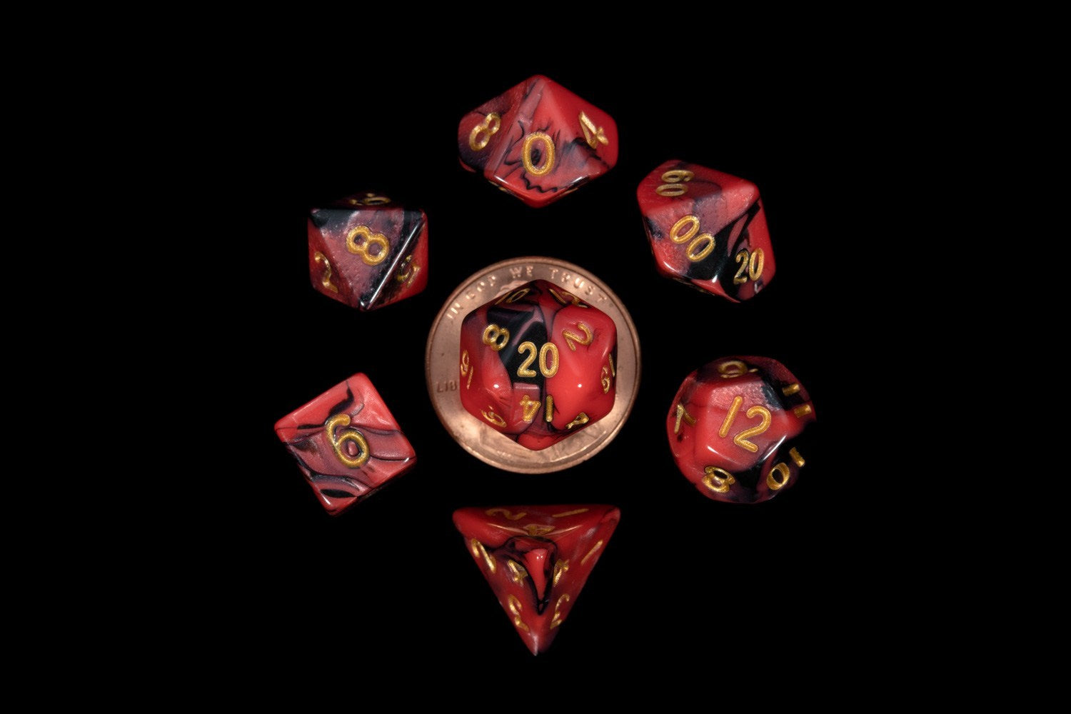 Metallic Dice Games Mini Red-Black/Gold 7ct Polyhedral Dice Set Dice FanRoll by Metallic Dice Games